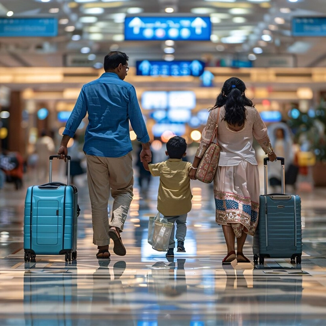 Family walking through airport with luggage guided by immigration consultants in Kerala
